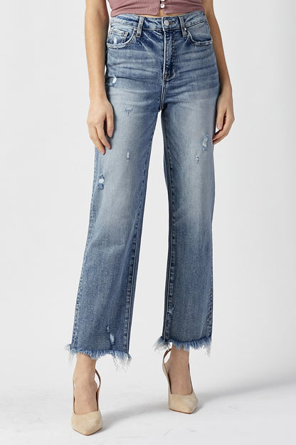 RISEN High Rise Crop Straight Frayed Hem Jeans RDP5116