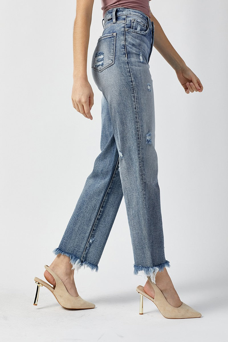 RISEN High Rise Crop Straight Frayed Hem Jeans RDP5116