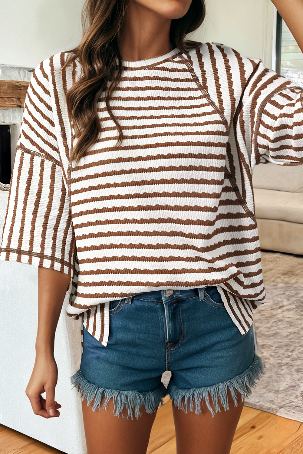 Texture Stripe Knit Half Sleeve Top