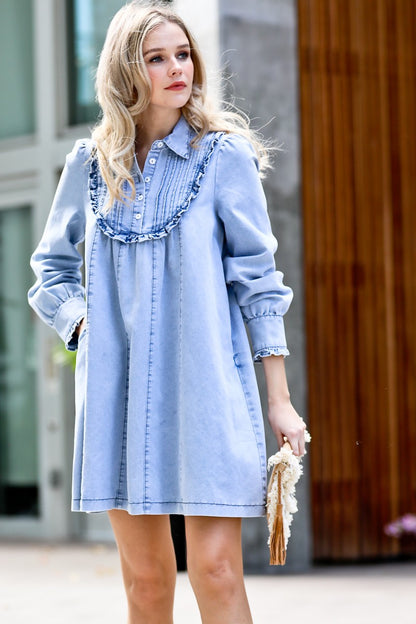 Denim Love Pleated Ruffle Dress