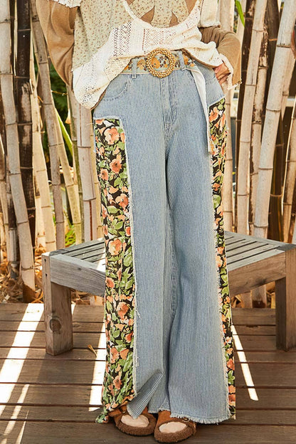 Floral Striped Wide Leg Jeans