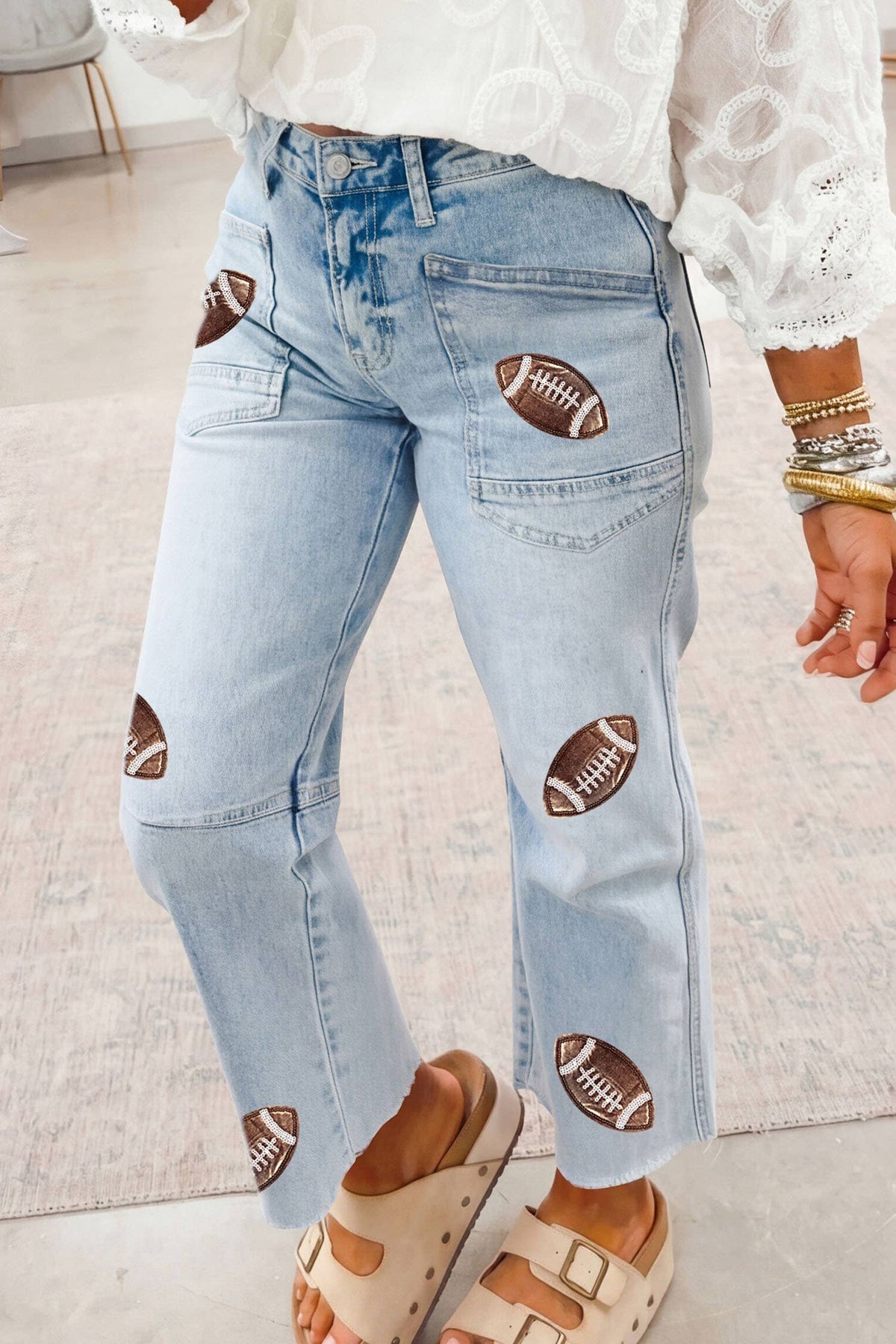 Sequin Game Day Patched Rugby Pattern Shift Jeans