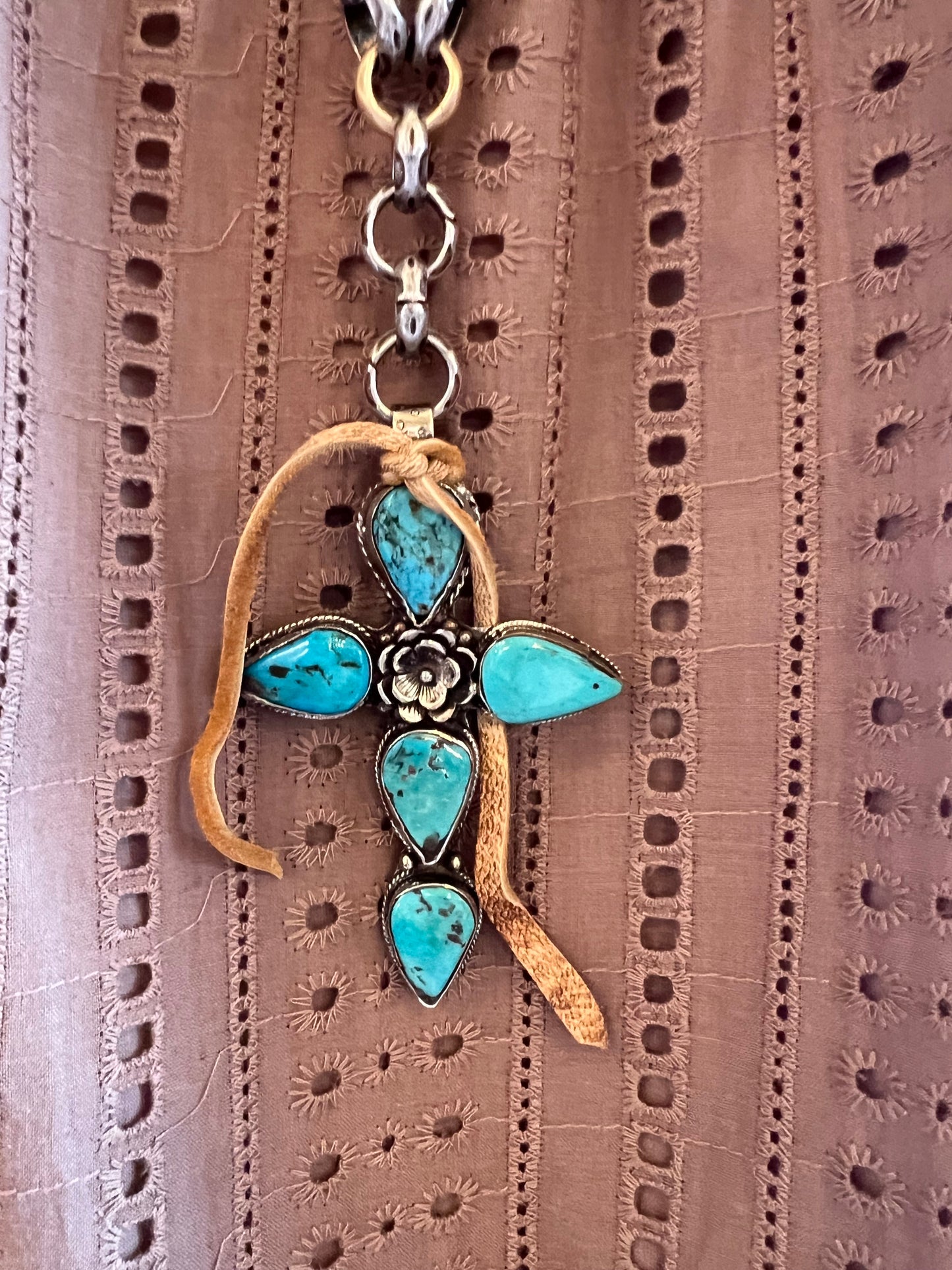 Melody Vintage Turquoise & Silver Cross 30" Necklace #40534