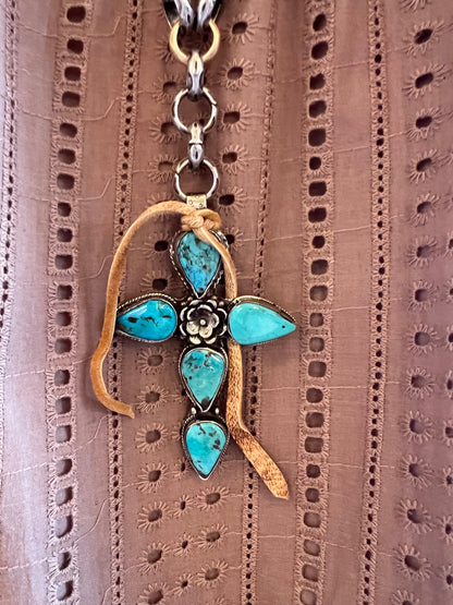 Melody Vintage Turquoise & Silver Cross 30" Necklace #40534