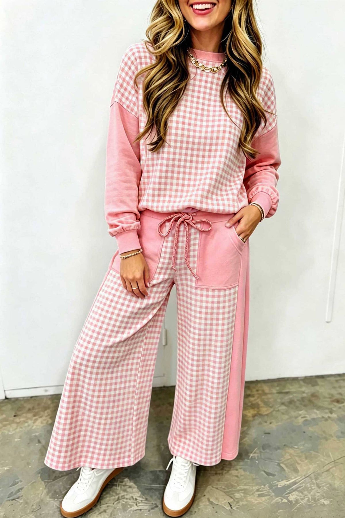 Plaid Patchwork Long Sleeve Pullover Wide Leg Pant Set