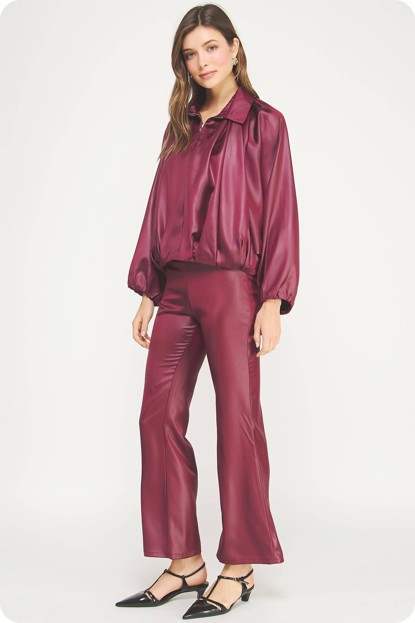 Burgundy Satin Flare Pants