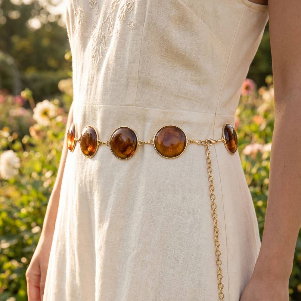 Round Stone Tortoise Gold Frame Chain Belt