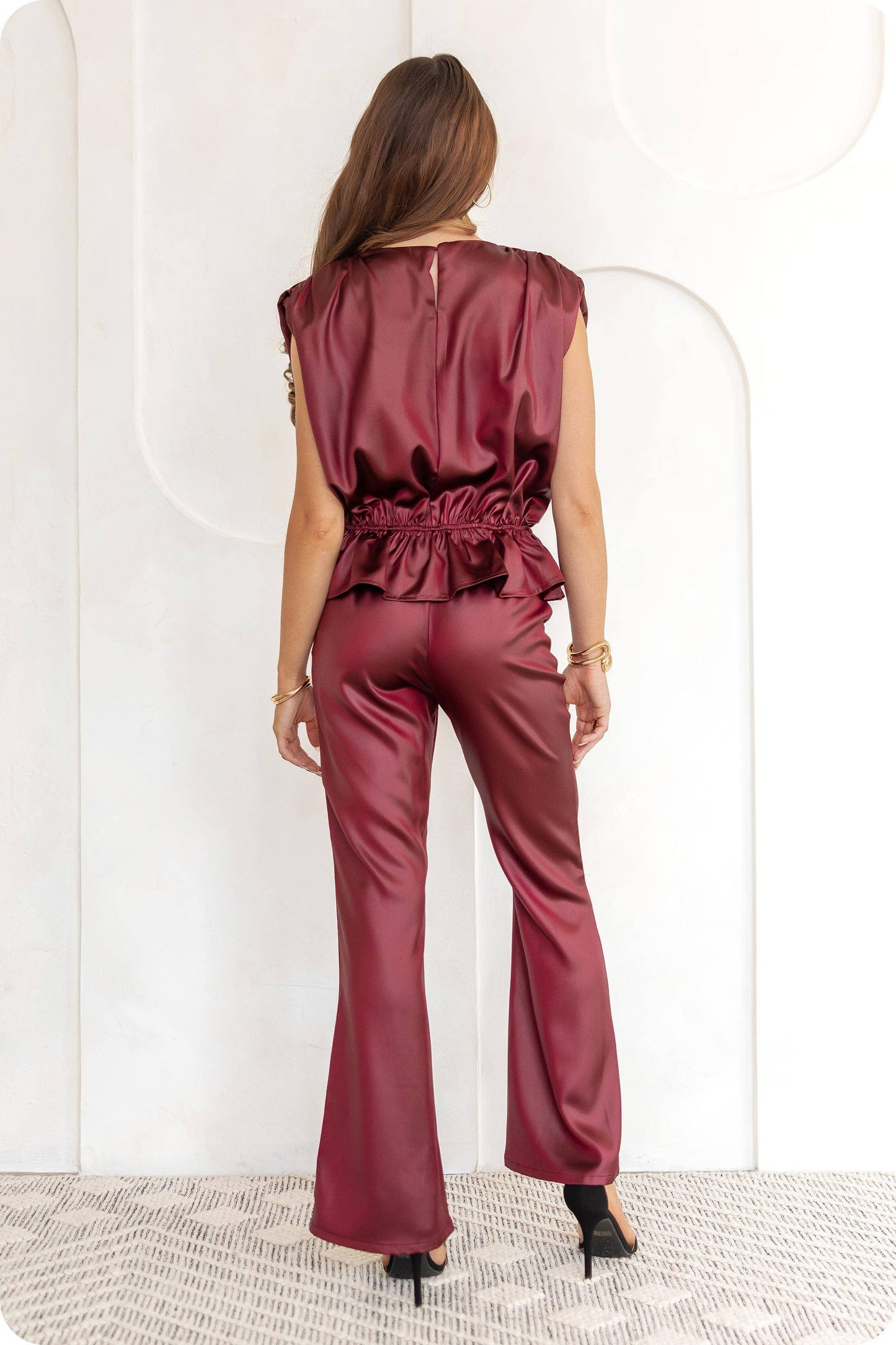 Burgundy Satin Flare Pants