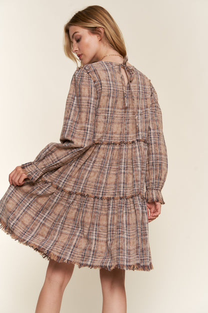 Washed Frayed Plaid Babydoll Dress