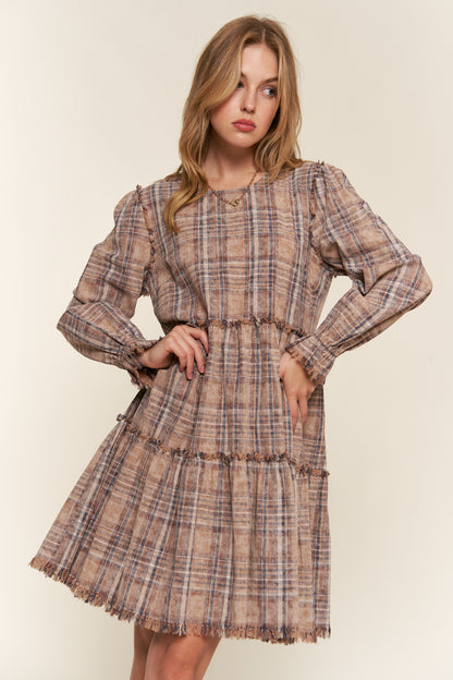 Washed Frayed Plaid Babydoll Dress