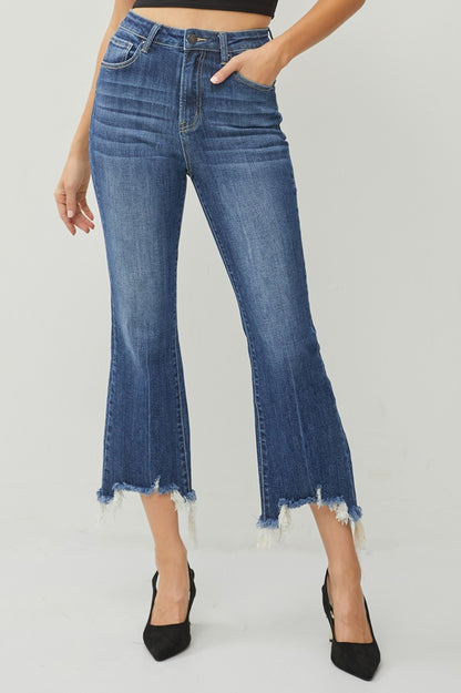 RISEN High Rise Crop Flare Frayed Hem Jeans RDP1059