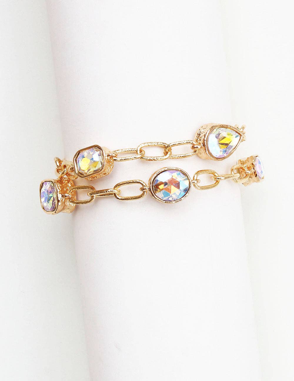 Gold Textured Chain with AB Stone Two Strand Chain Bracelet