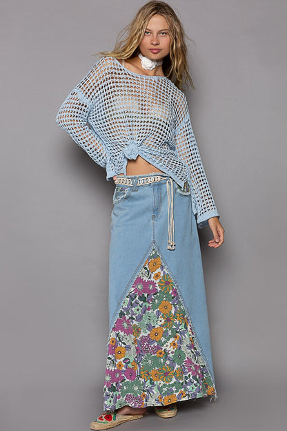 Floral Boho Denim Maxi Skirt