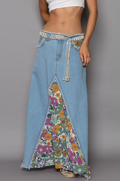 Floral Boho Denim Maxi Skirt