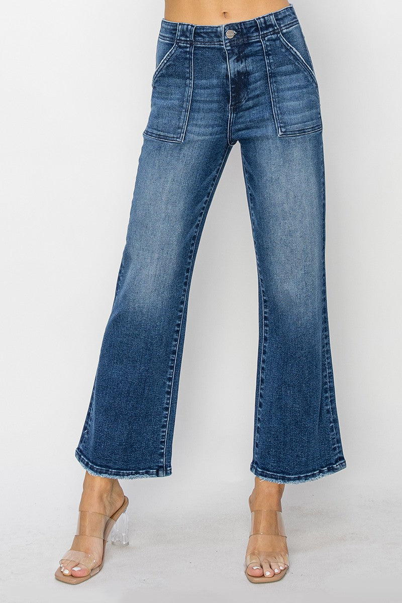 RISEN High Rise Ankle Flare Patch Pocket Jeans RDP5662X