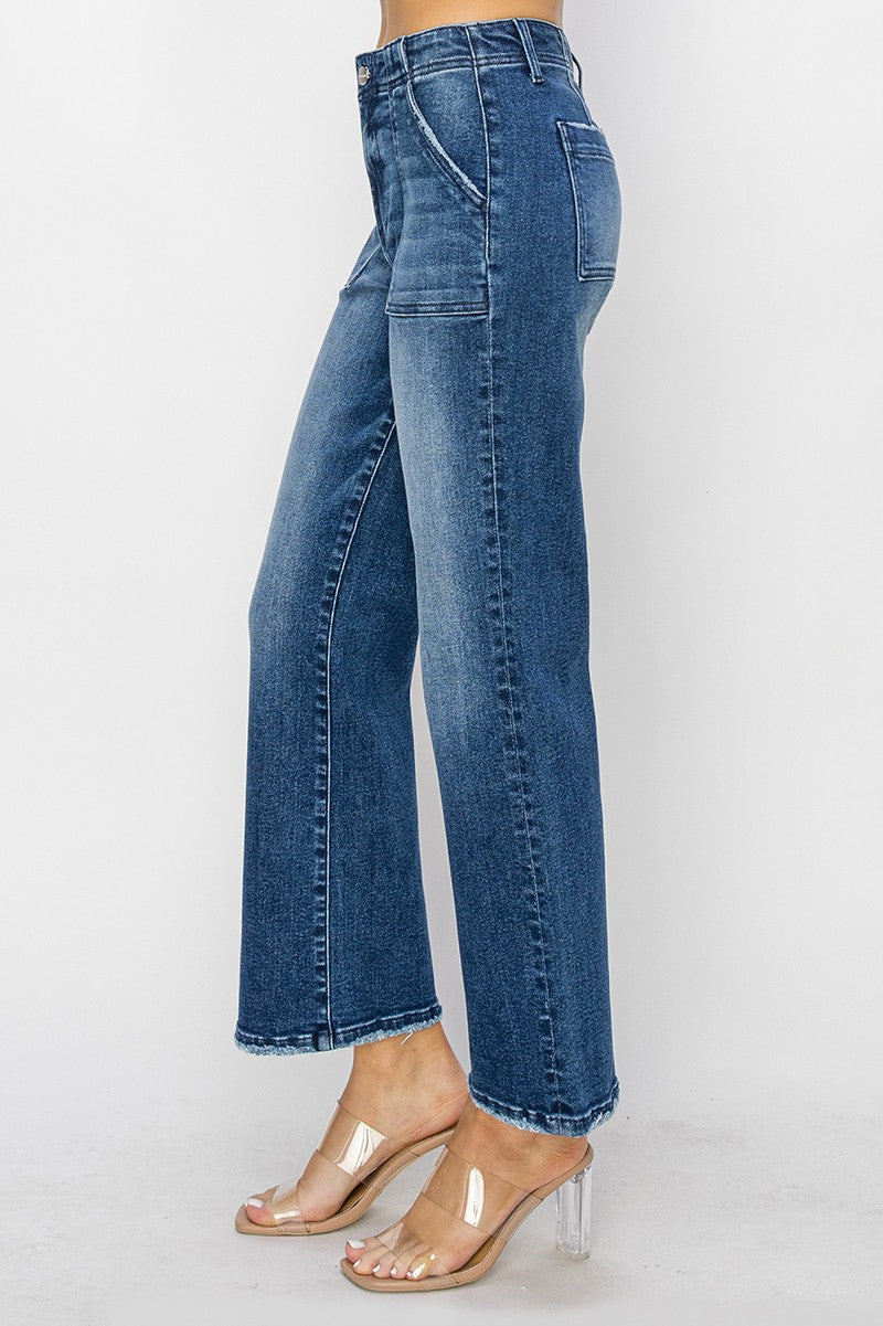 RISEN High Rise Ankle Flare Patch Pocket Jeans RDP5662X