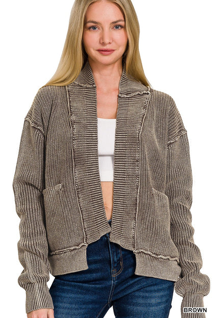 Acid Wash Drop Shoulder Cardigan