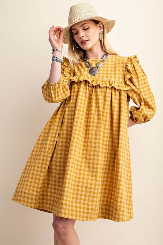 Golden Gingham Mini Dress