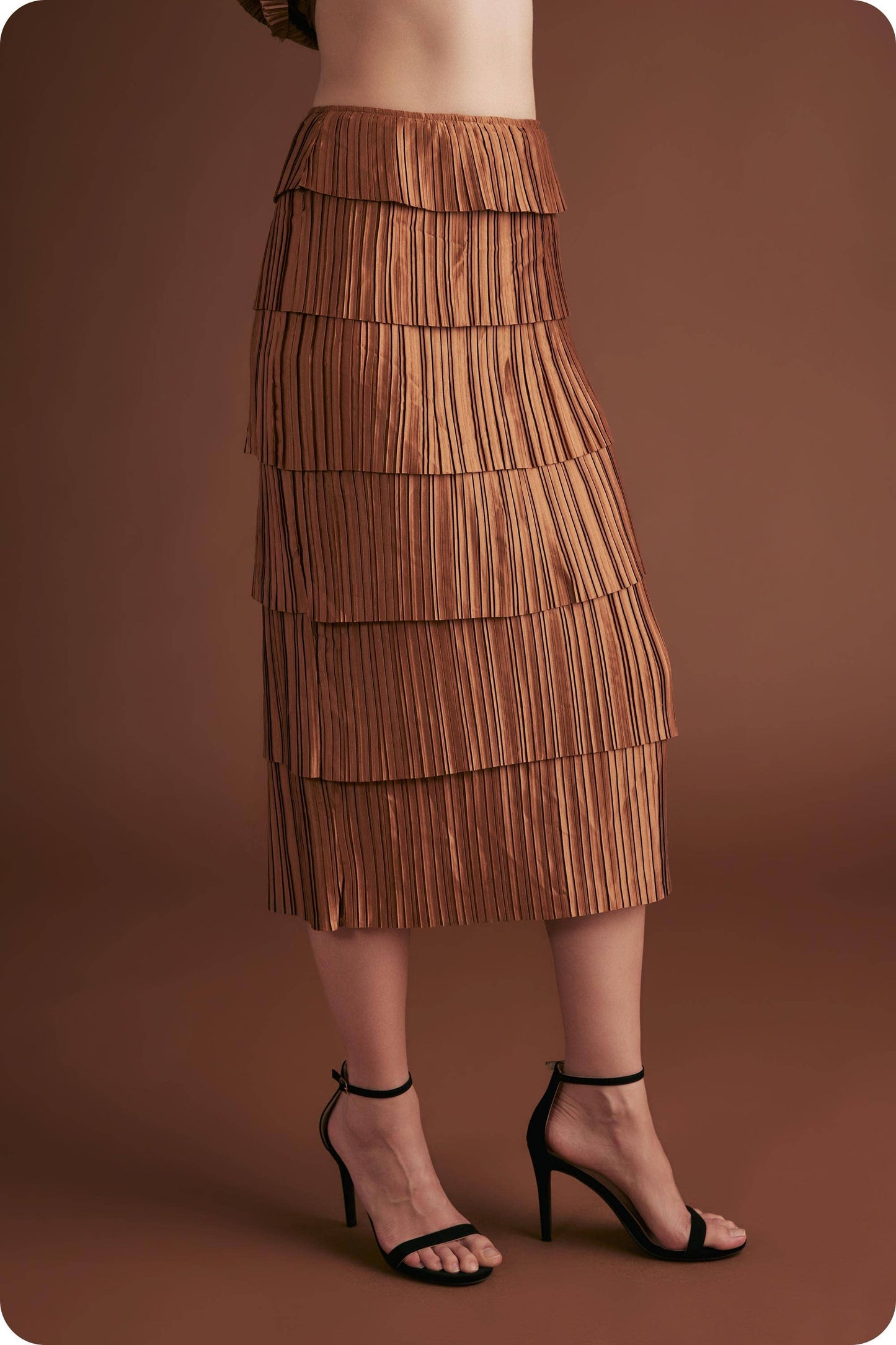 Pleated Satin Tiered Midi Skirt