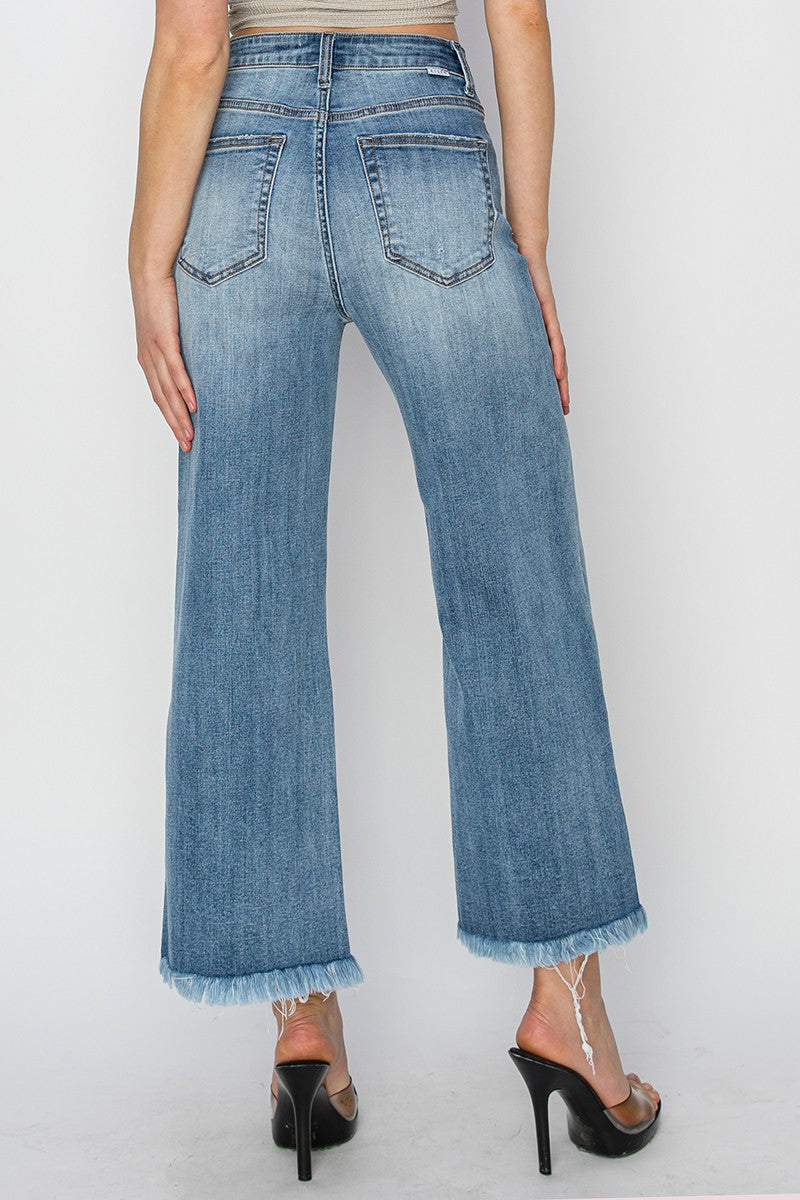 RISEN High Rise Crop Wide Leg Fray Hem Jeans