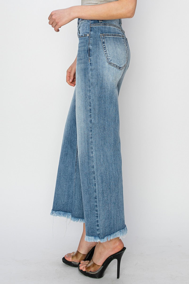 RISEN High Rise Crop Wide Leg Fray Hem Jeans