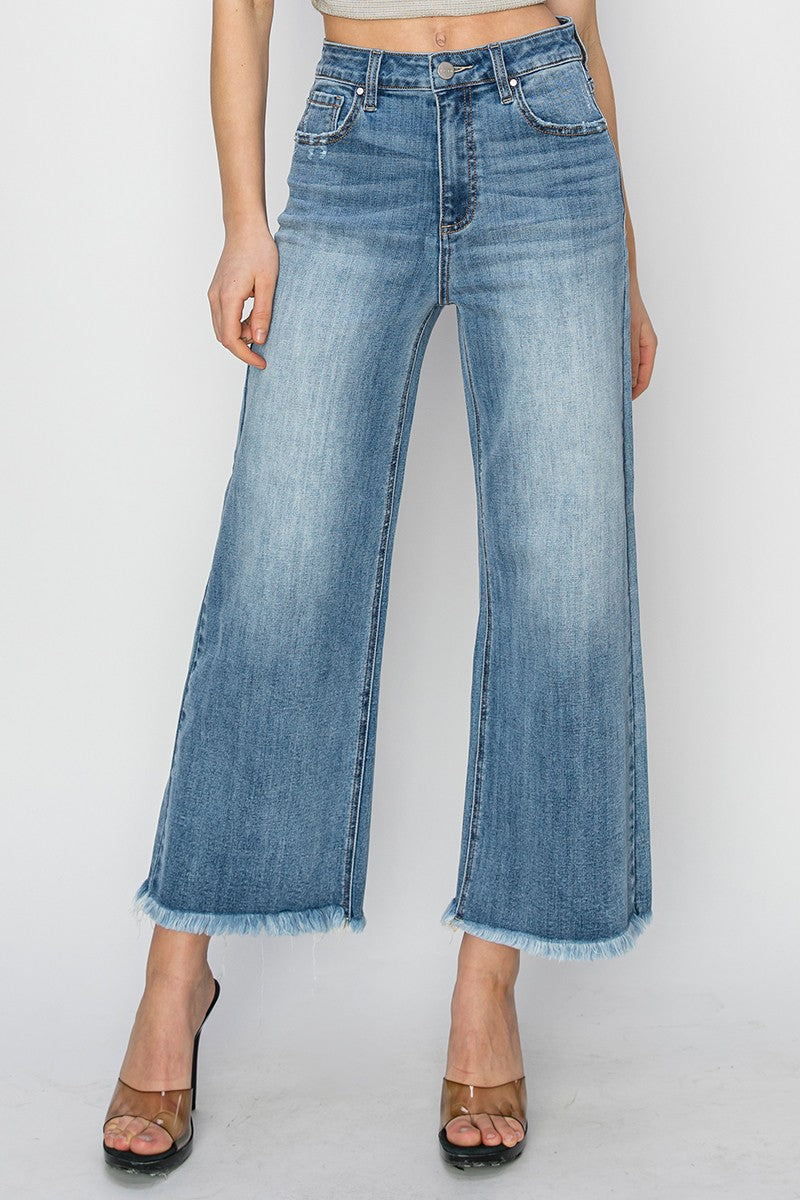 RISEN High Rise Crop Wide Leg Fray Hem Jeans