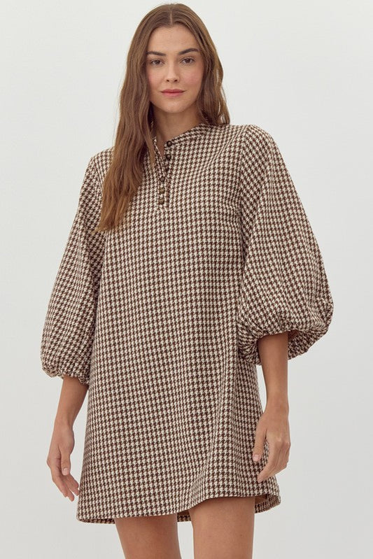 Houndstooth Puff Sleeve Dress