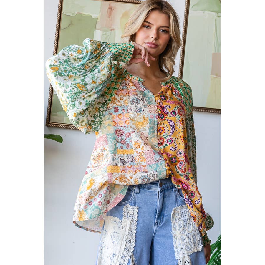 Mixed Pattern Floral Printed Blouse