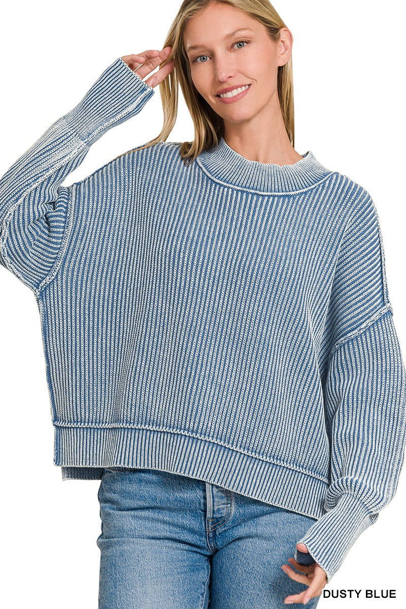 Acid Wash Side Slit Oversized Cropped Sweater