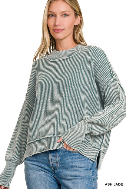 Acid Wash Side Slit Oversized Cropped Sweater