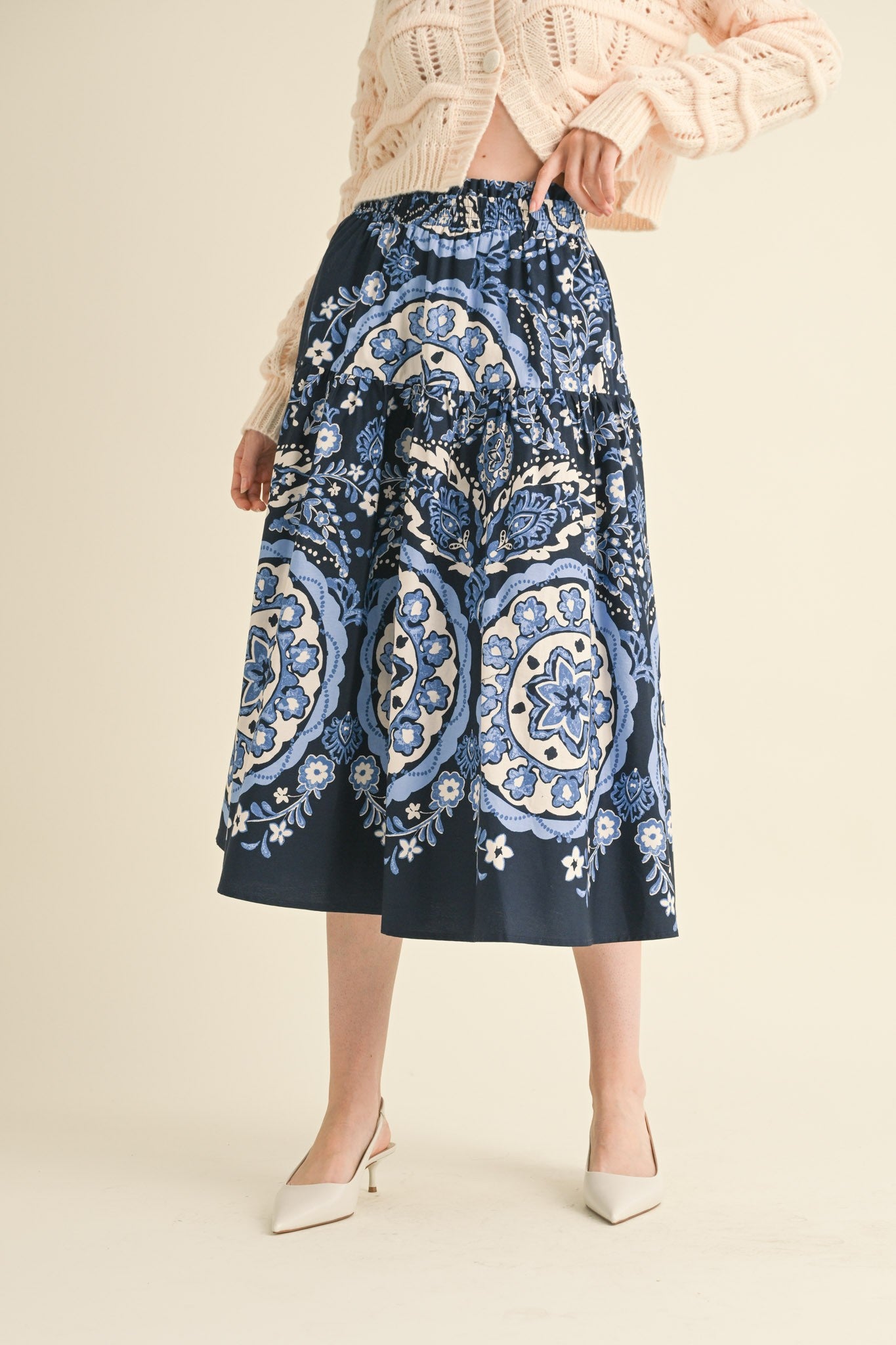 Navy Medallion Printed Skirt