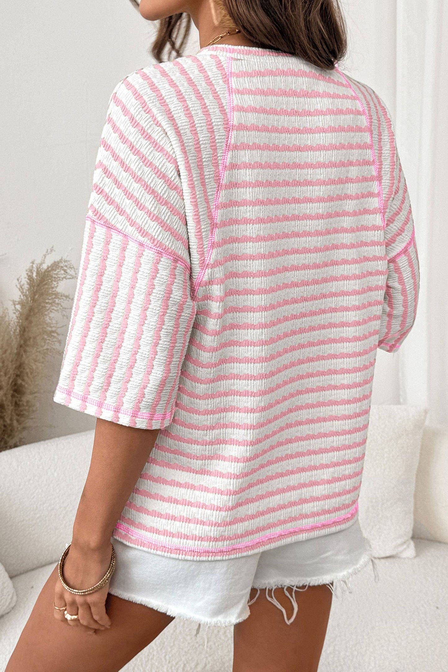 Texture Stripe Knit Half Sleeve Top