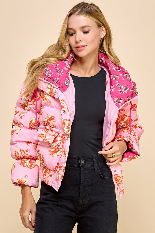 Pink Floral Printed Puffer Jacket