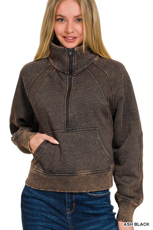 Acid Wash Half Zip Fleece Pullover