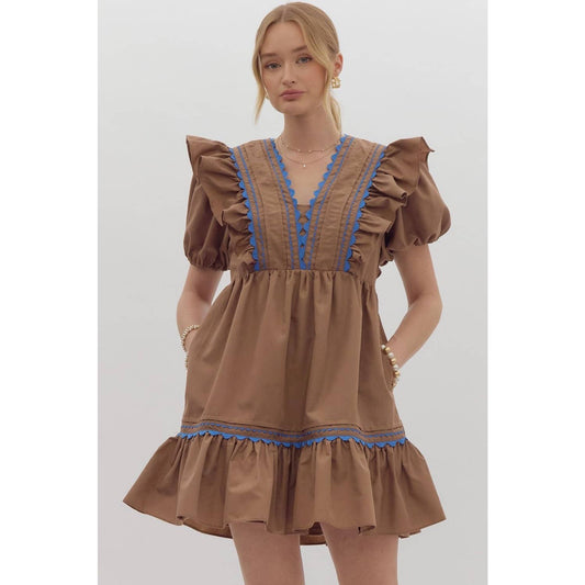 Mocha Dress with Blue Scalloped Thread