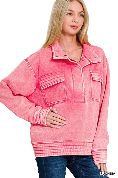 Acid Wash Half Snap Button Front Fleece Top