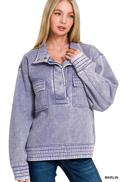 Acid Wash Half Snap Button Front Fleece Top