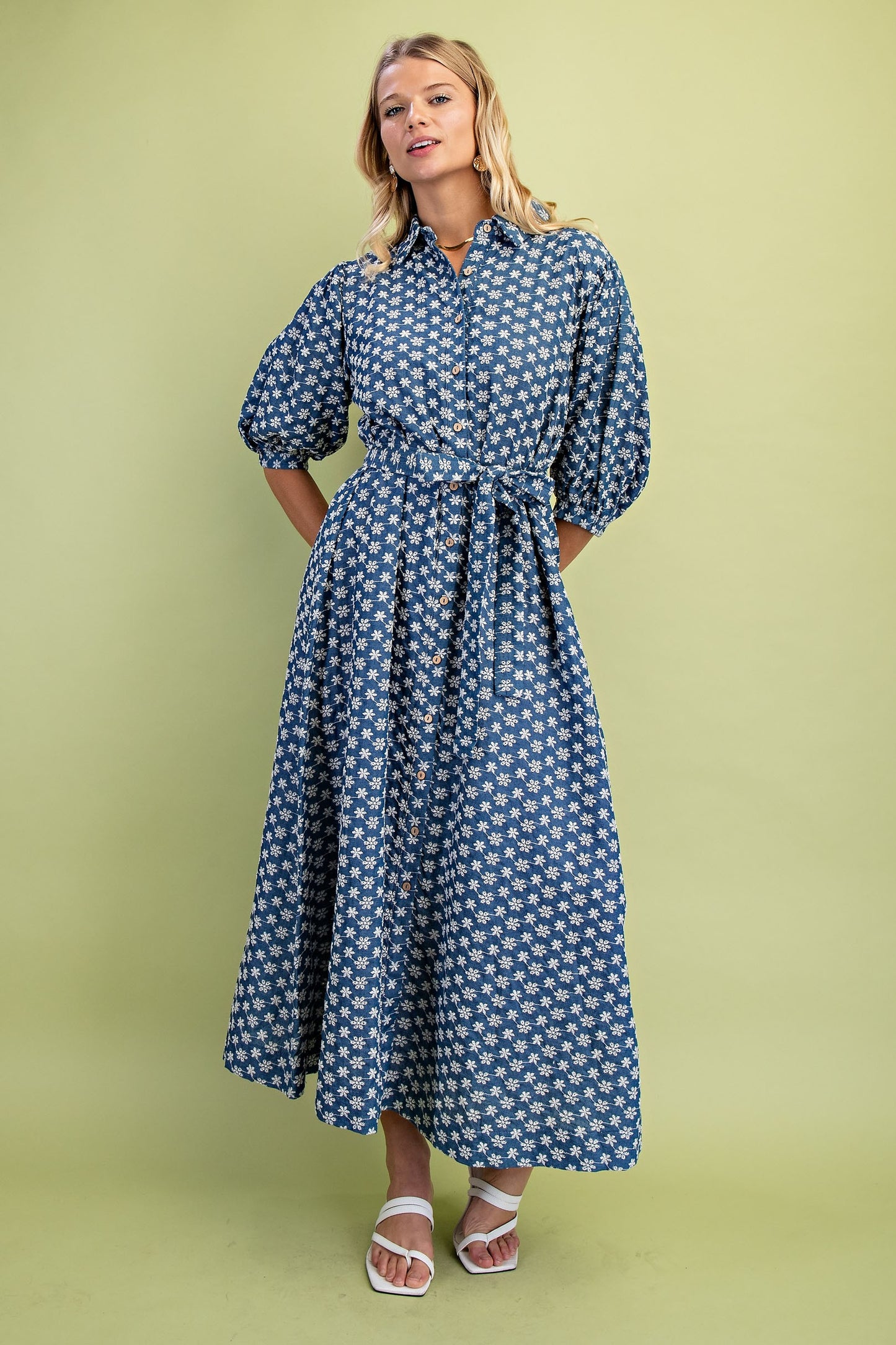 Denim Blue Floral Embroidery Maxi Dress