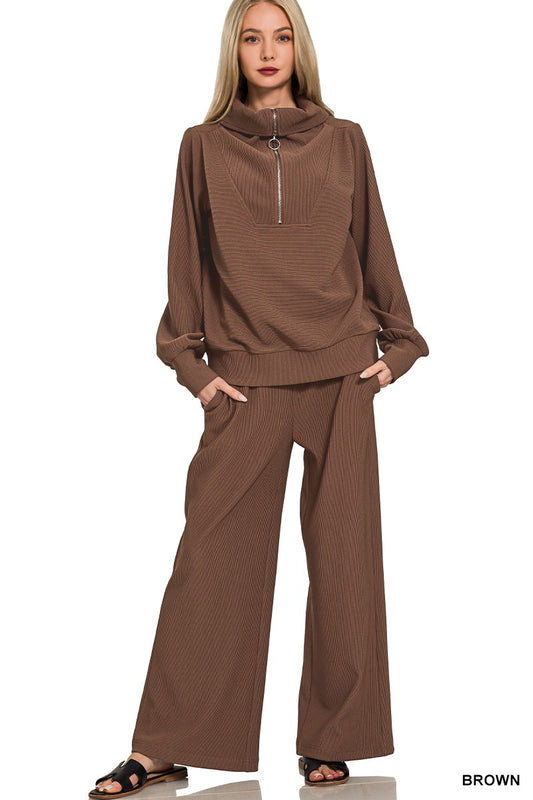 Mock Neck Ribbed Zipper Set