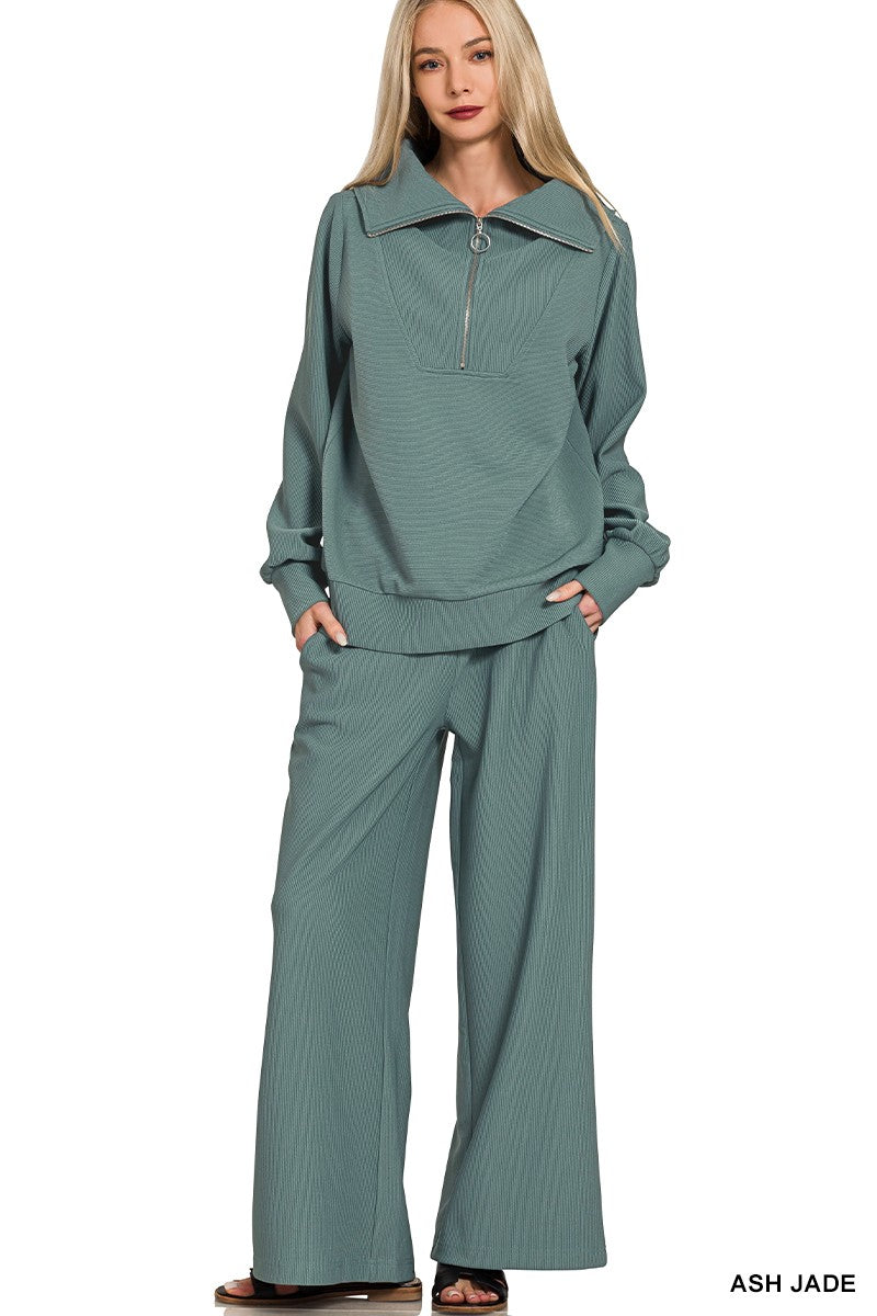 Mock Neck Ribbed Zipper Set