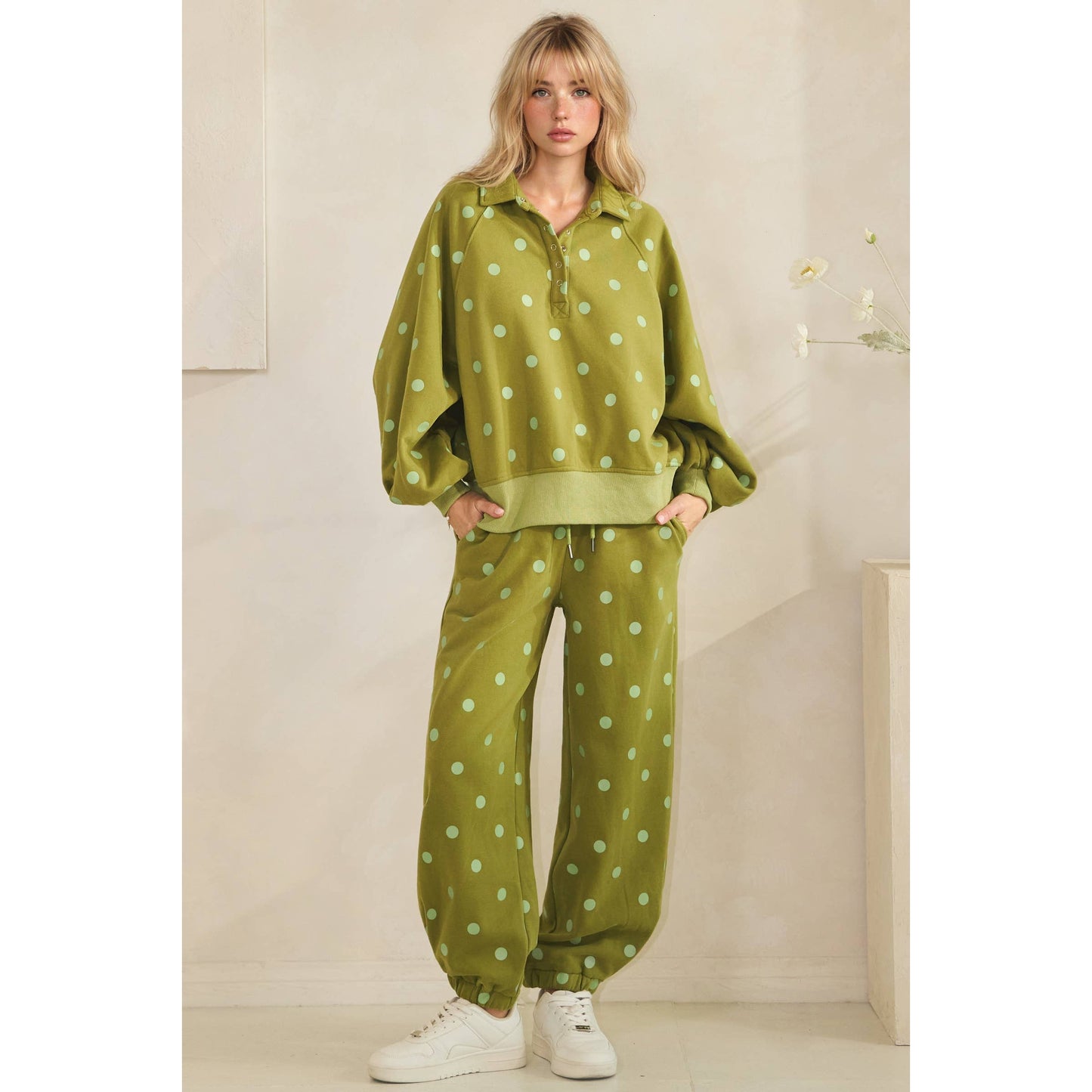 Olive Dot Quarter Zip Set