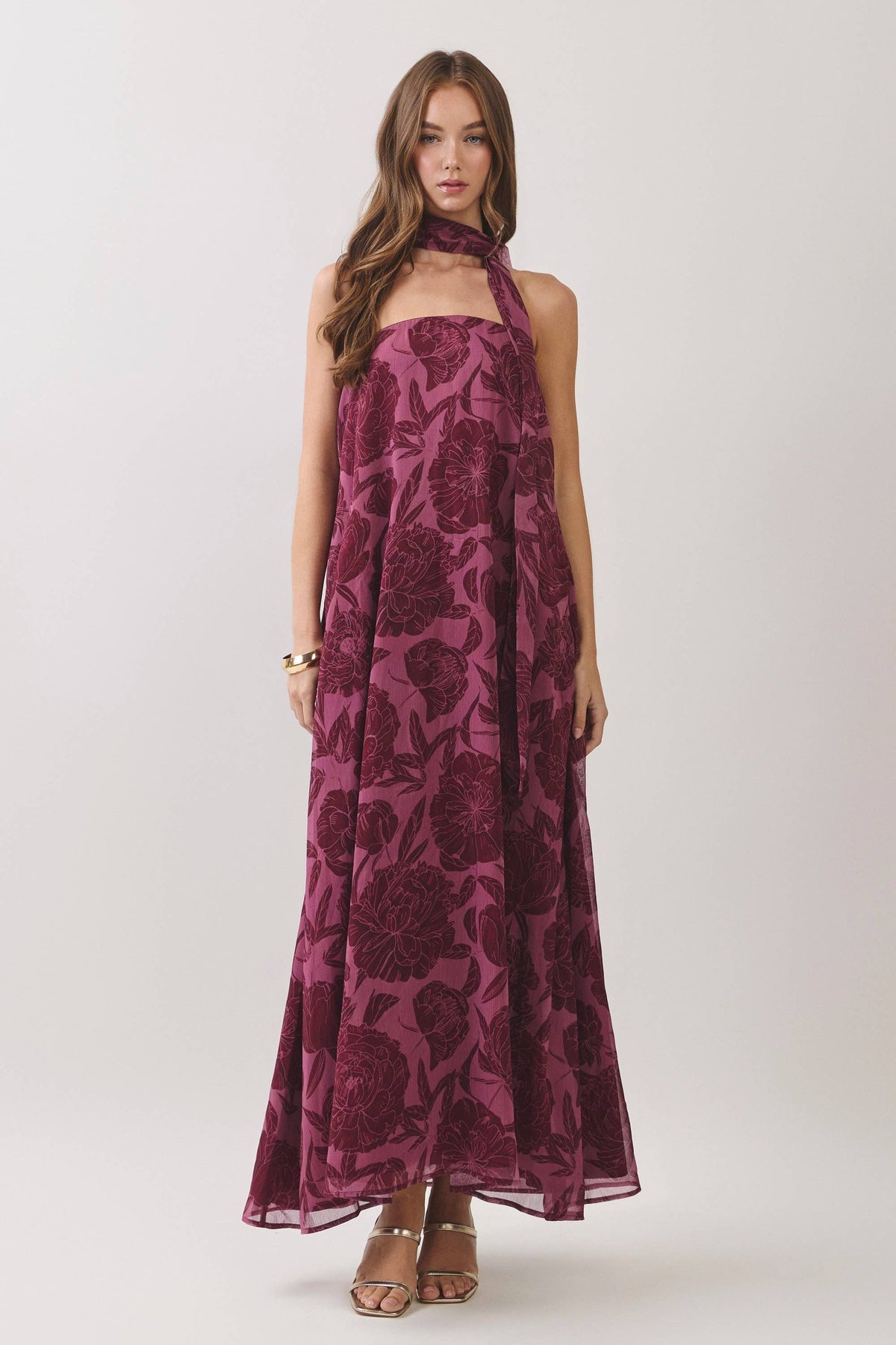 Floral Print Scarf Burgundy Maxi Dress
