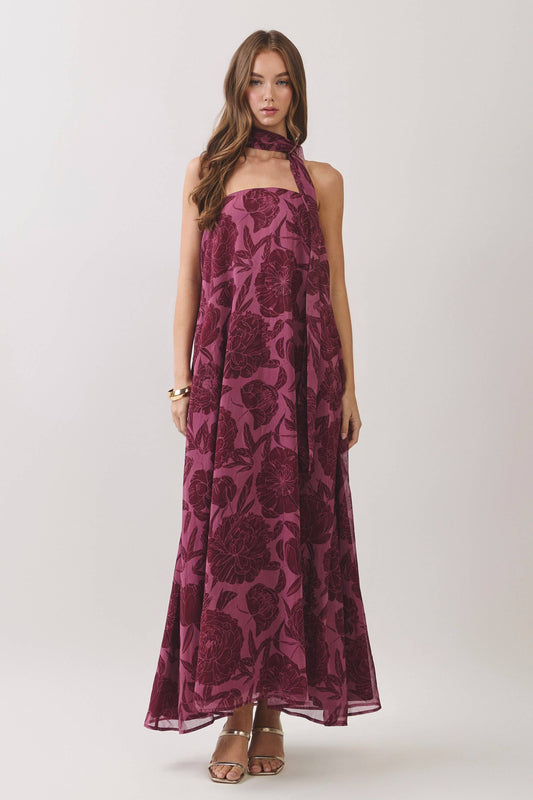 Floral Print Scarf Burgundy Maxi Dress