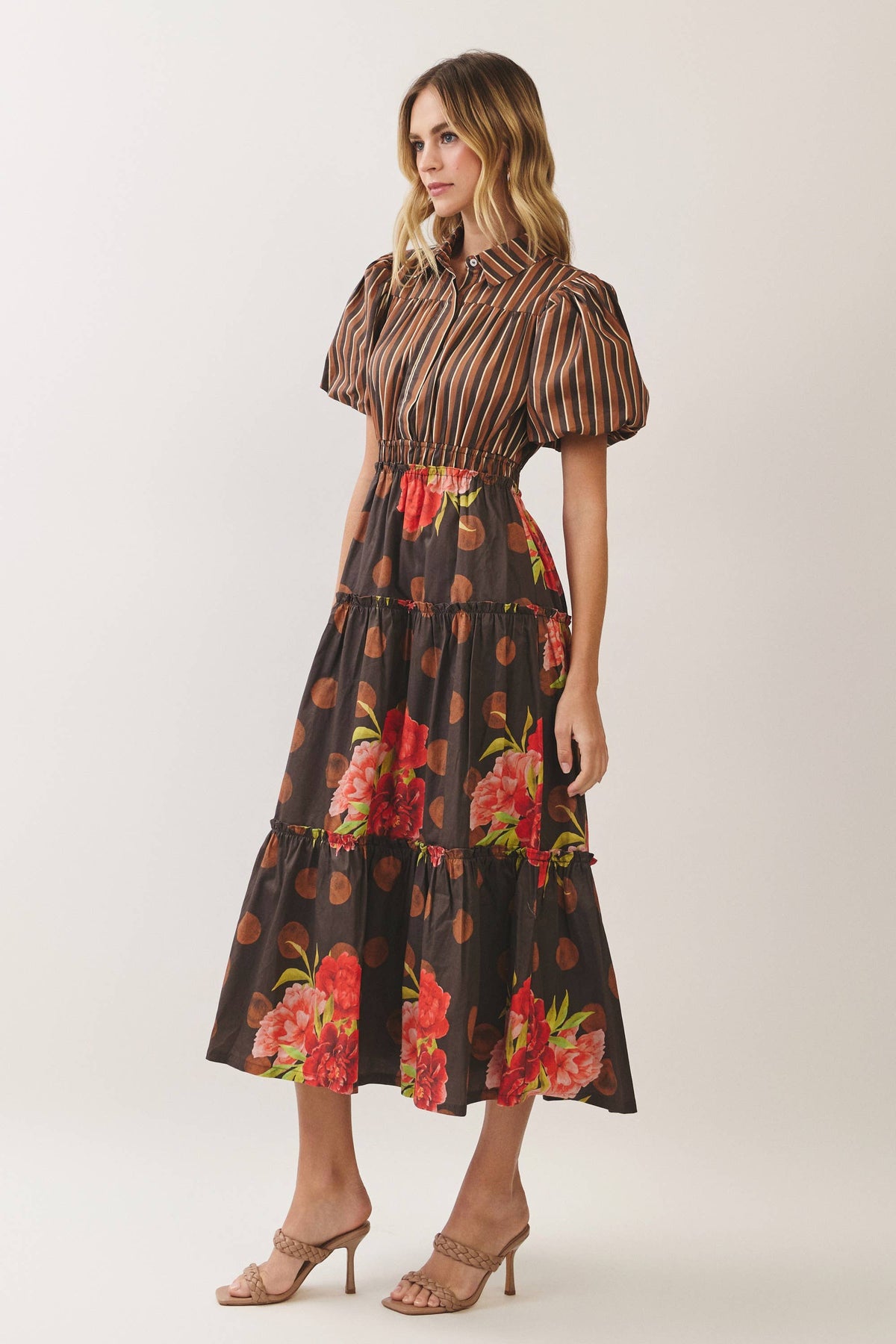 Chocolate Mixed Print Puff Sleeve Tiered Midi Dress