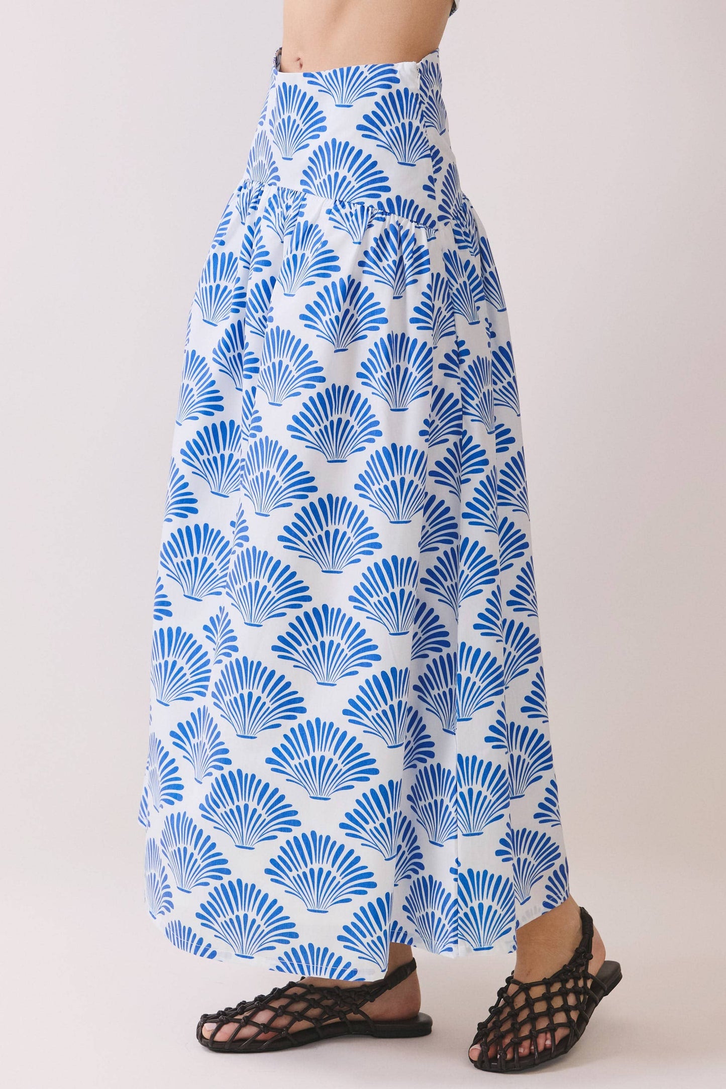 Shell Print Tiered High Waist Midi Skirt