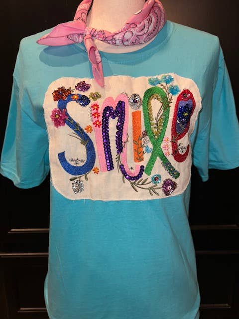 Embroidered Smile Tee on Scuba Blue