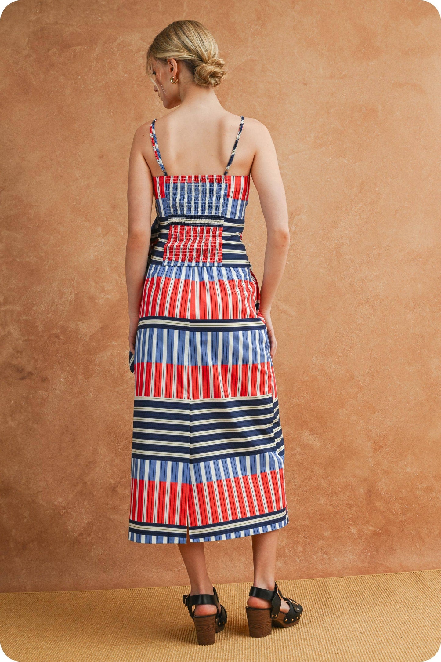 Color Block Mixed Stripe Draped Pencil Midi Skirt