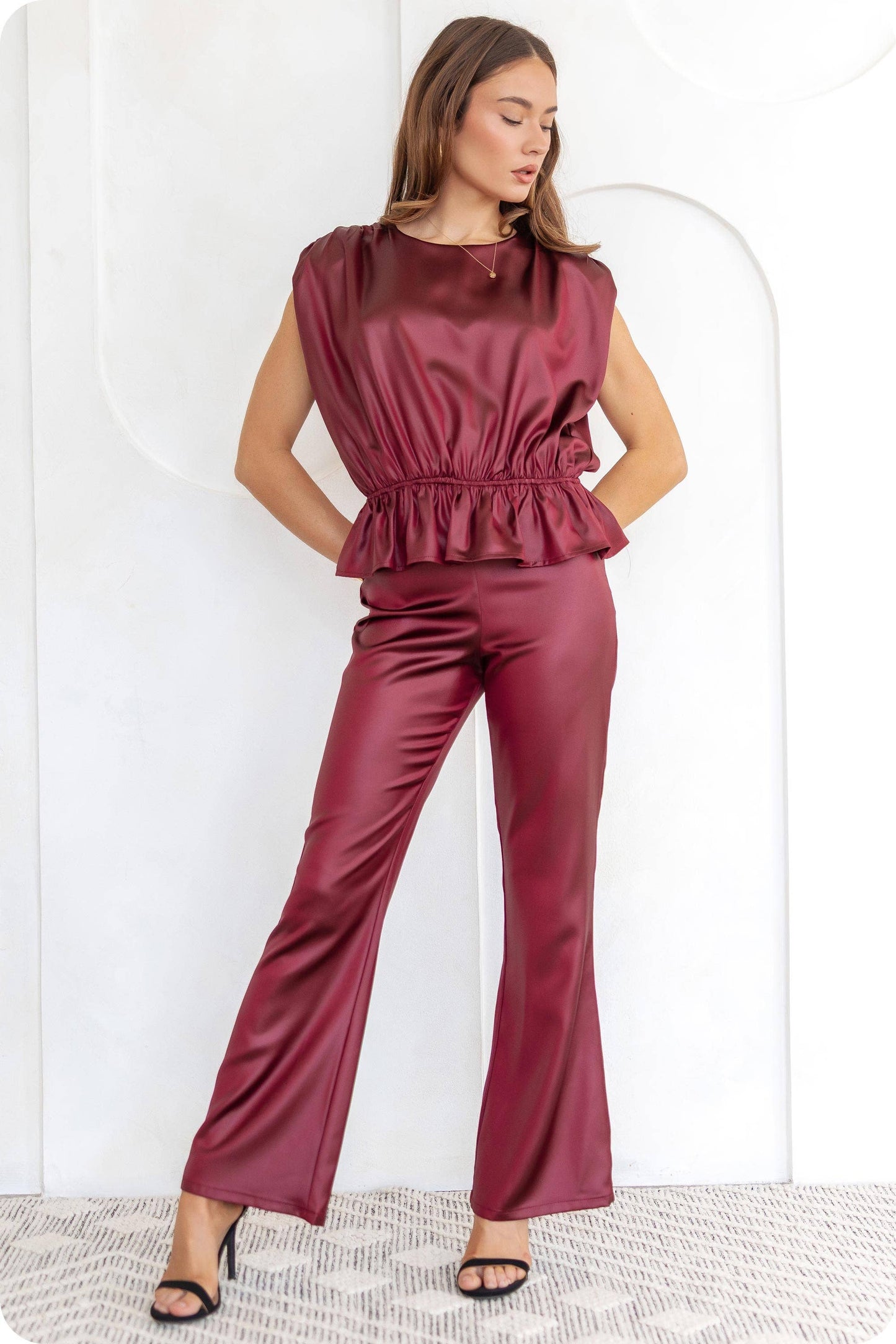 Burgundy Satin Flare Pants