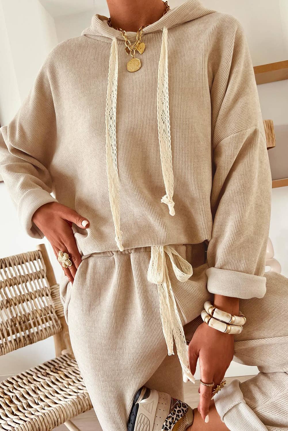 Cord with Leopard Trim Hoodie and High Waist Pant Set