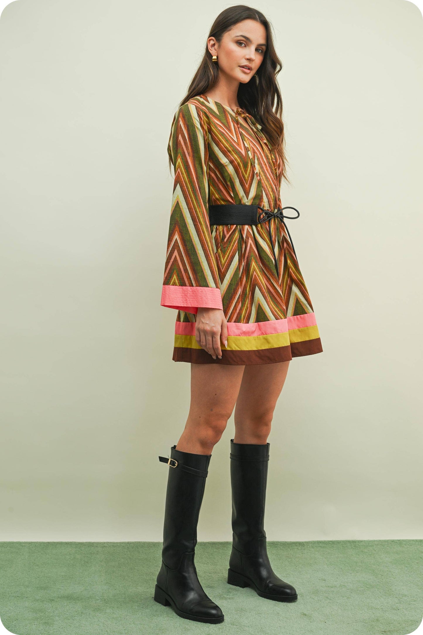 Fall Color Block Belted Dress
